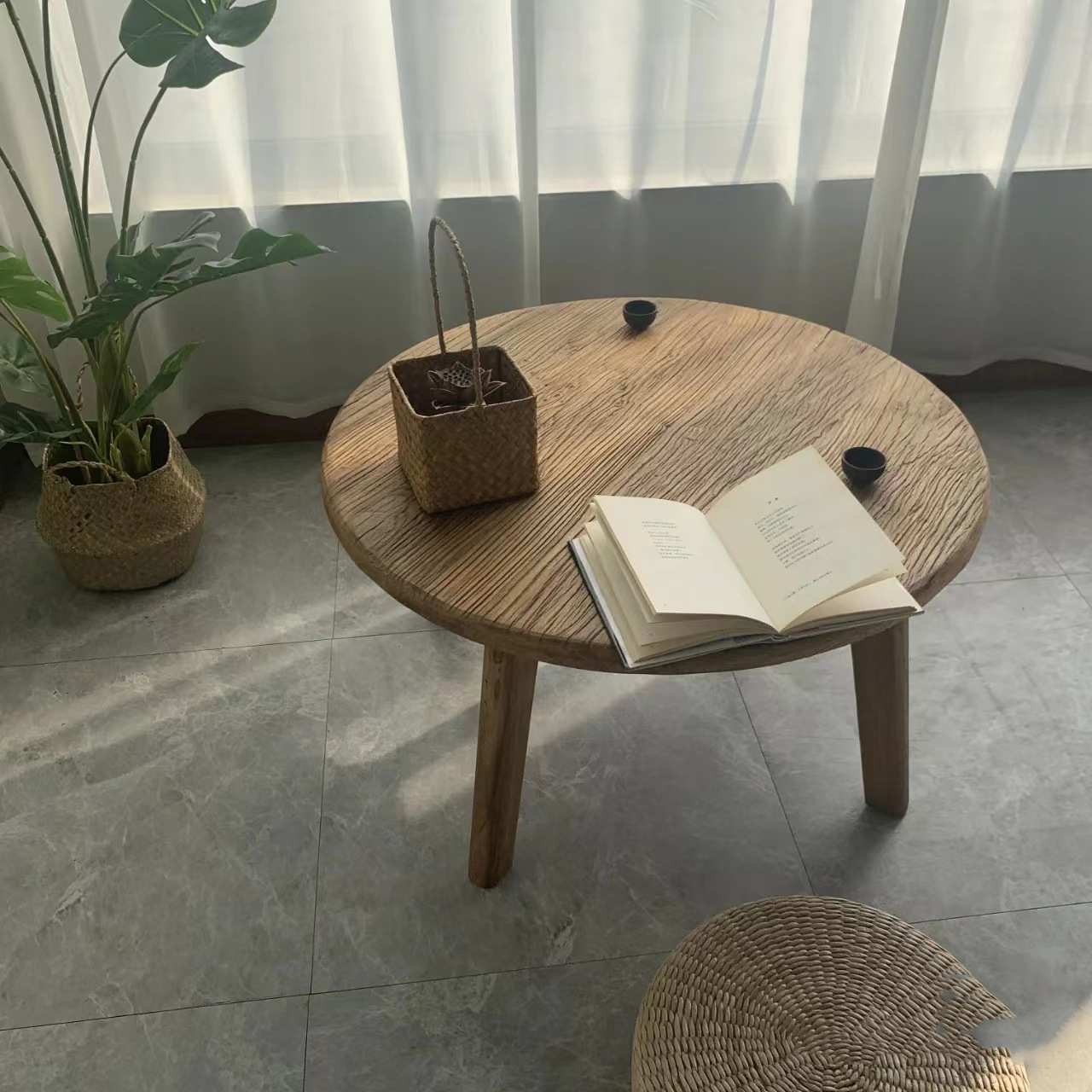 老榆木茶桌门板风化榆木餐桌家具复古怀旧长方形桌子凳子组合
