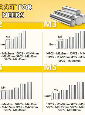 304不锈钢145pcs实心圆柱销组合套装M2 M3 M4 M5跨境螺丝盒装