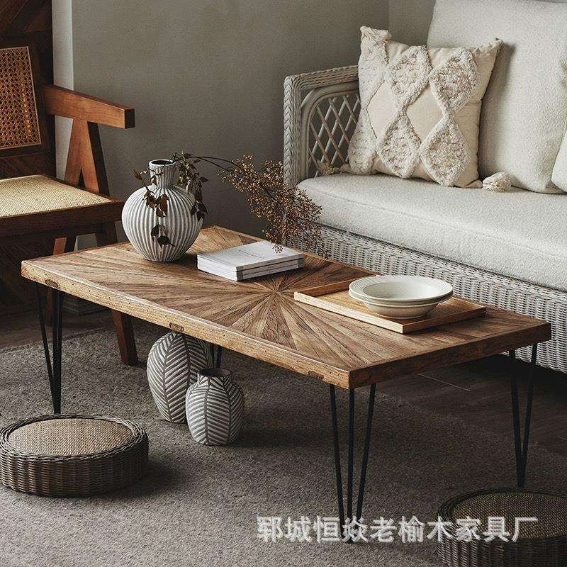 北欧现代老榆木客厅茶几长方形茶桌民宿泡茶台办公用书桌榆木家具