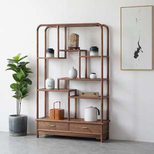 新中式黑胡桃多宝阁禅意实木博古架展示柜老榆木古董架免漆家具