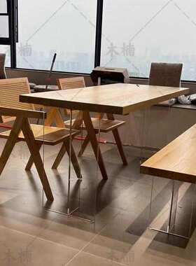 严选原木奶油风实木悬浮餐桌白蜡木亚克力高透桌腿饭桌创意大板桌