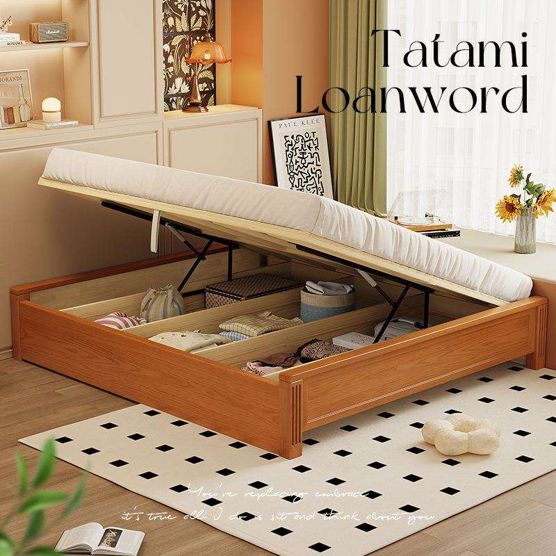 榻榻米储物床实木床1米8加床垫樱桃木色无床头落地美式复古双人床
