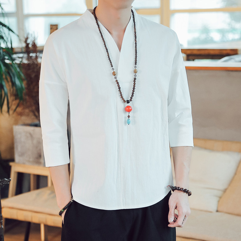 t恤短袖男夏季棉麻居士服