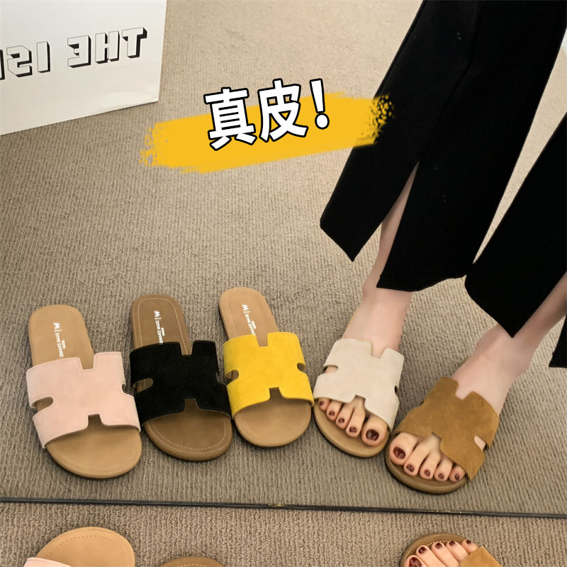 真皮勃肯拖鞋女夏外穿2025新款平底超火法式沙滩凉鞋H型一字凉拖