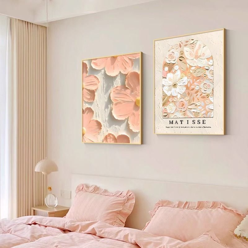 奶油风卧室装饰画挂墙温馨平面北欧主卧床头背景墙壁画两联挂画图片