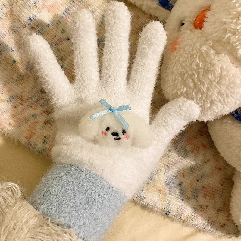 可爱蝴蝶结小狗针织毛线手套女2024年秋冬季加厚保暖学生户外骑行