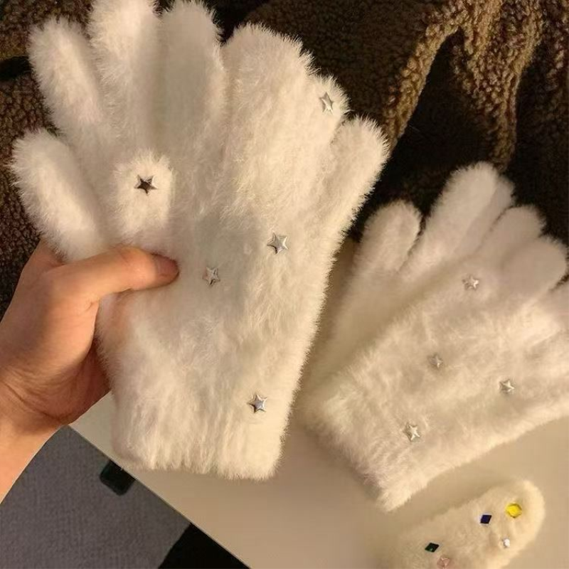 可爱星星毛绒手套女冬季白色ins风手套加厚保暖学生五指防寒骑行
