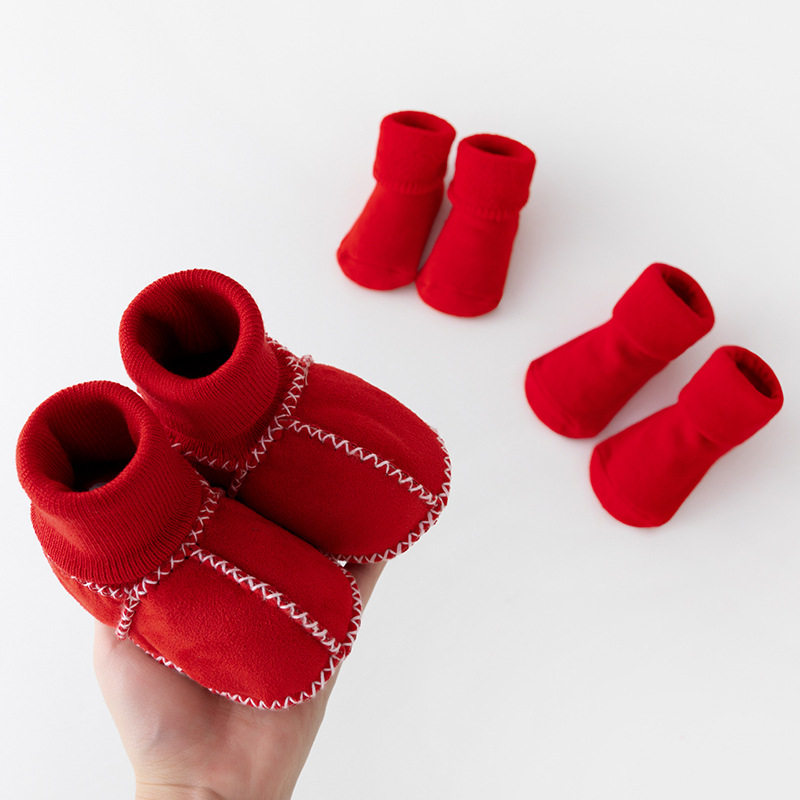 麂皮绒宝宝鞋袜婴儿加绒保暖秋冬季软底袜套婴儿红色过年宝宝袜
