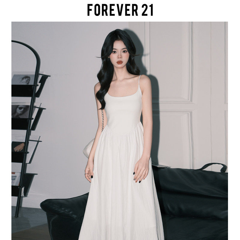 Forever 21温柔U领吊带连衣裙女浅春系收腰A字长裙韩系初恋小白裙