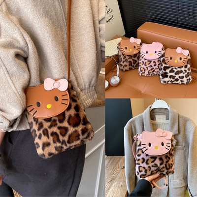 秋冬款毛绒单肩包时尚豹纹小猫咪