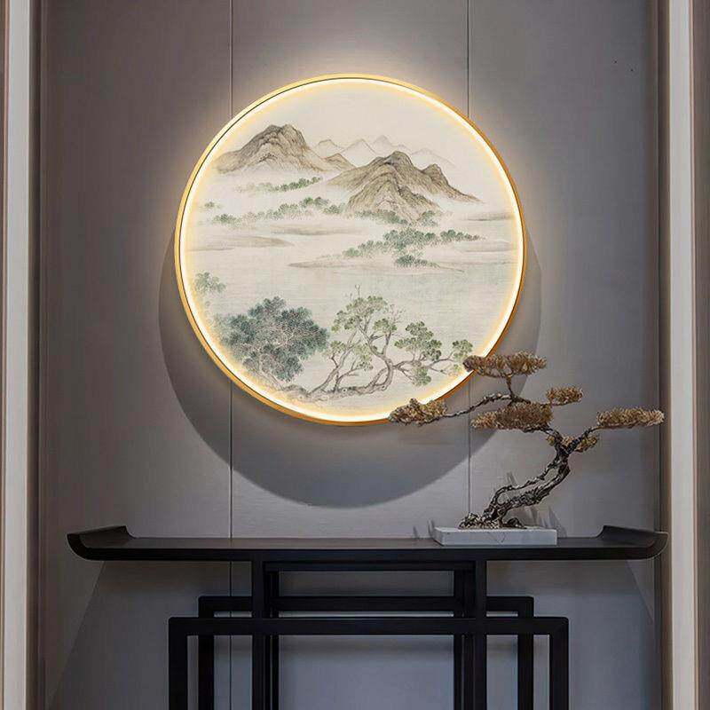 山水新中式禅意风景玄关装饰画发光LED氛围灯画国画书房挂画圆形