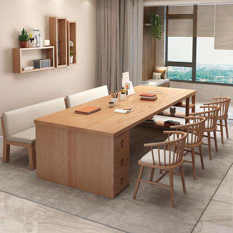 家用实木大书桌北欧客厅带抽屉书柜一体办公桌阅览室学习桌长条桌