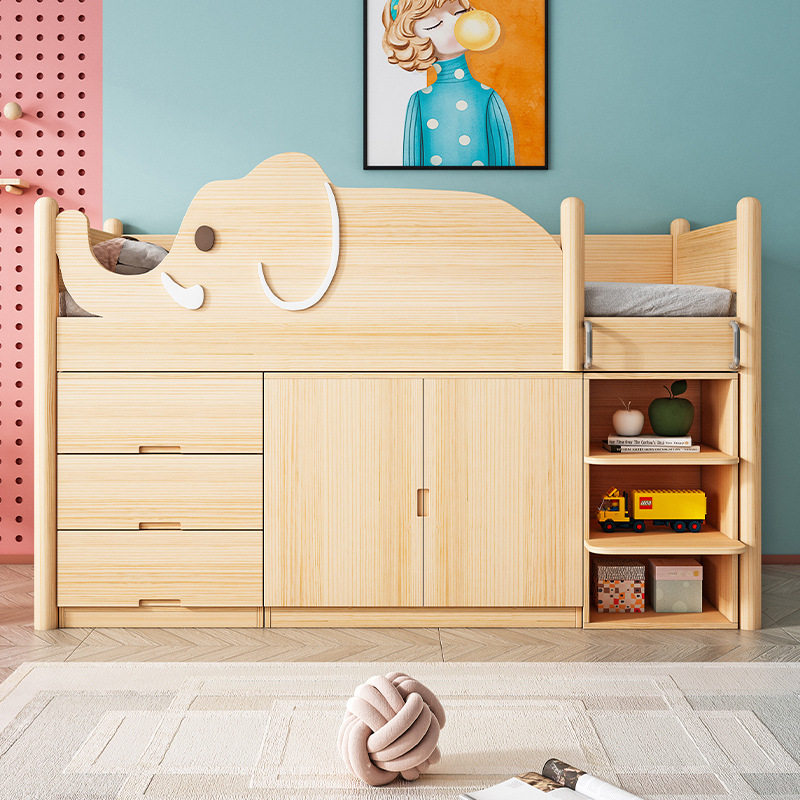 全实木小户型半高床男孩女孩儿童床带书桌多功能储物衣柜一体组合
