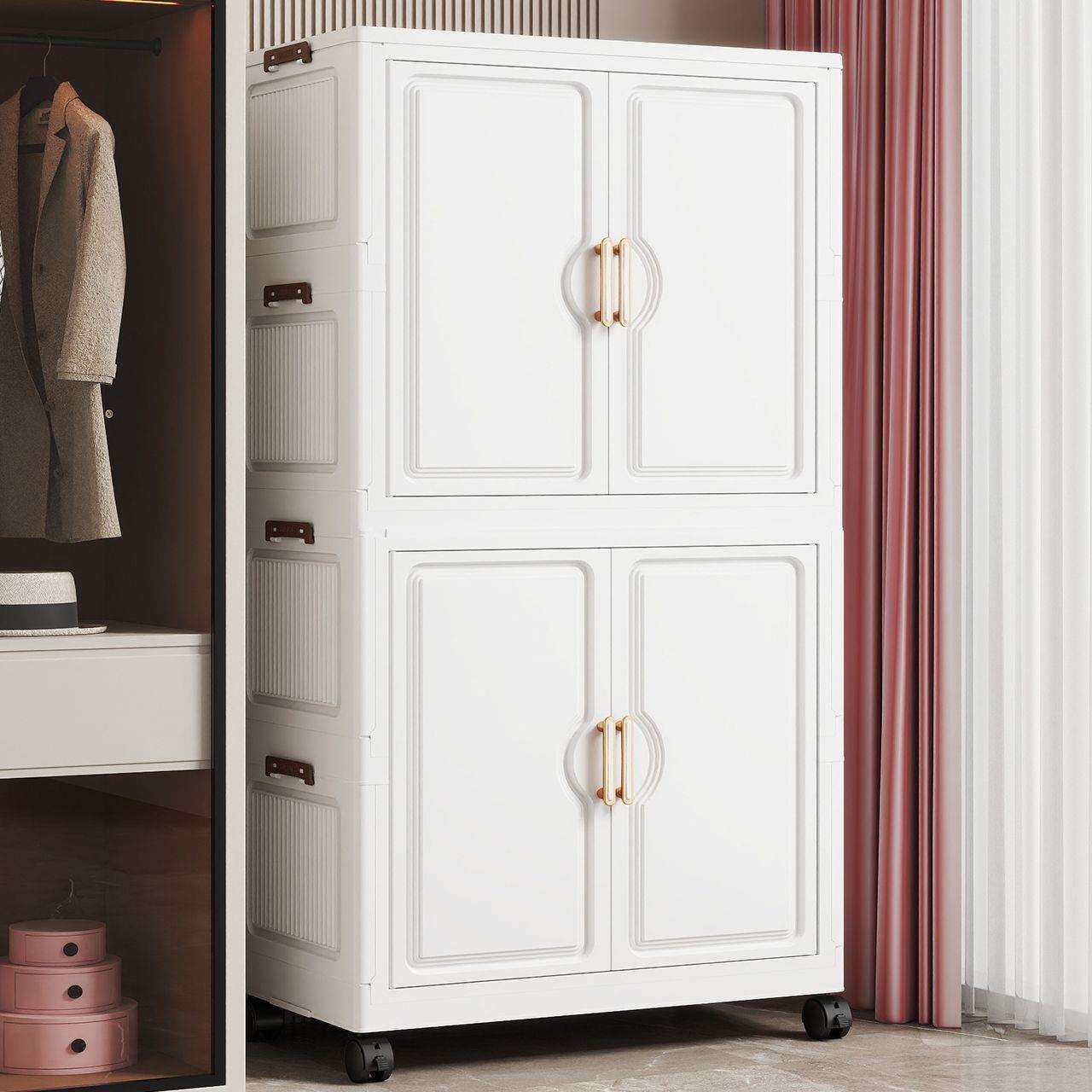 折叠收纳柜免安装大容量儿童衣柜对开门杂物储物柜简约带轮置物柜