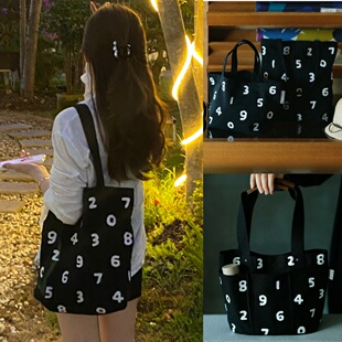 日本数字印花帆布包女单肩包大容量百搭休闲通勤包黑色环保购物袋