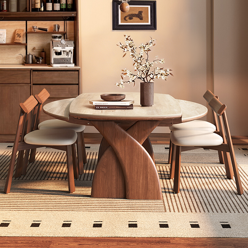 洞石岩板餐桌胡桃木色中古风