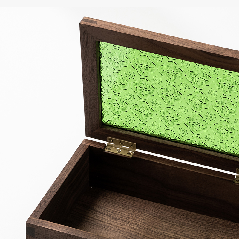 黑胡桃木收纳盒绿色复古压花海棠玻璃盖J翻盖式燕尾榫木盒子储物