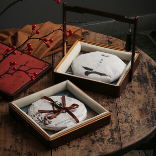 春节竹盒复古提篮单饼双饼老班z章冰岛福鼎白茶茶饼包装 盒空礼盒