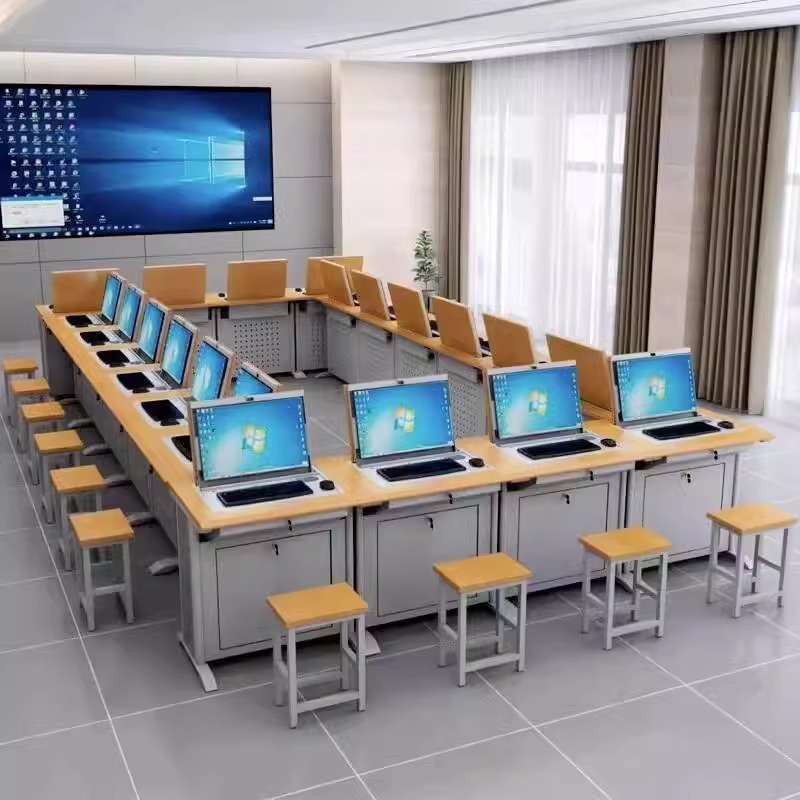 翻转电脑桌半嵌入式显示器隐藏桌电教室学校机房多媒体培训学生桌
