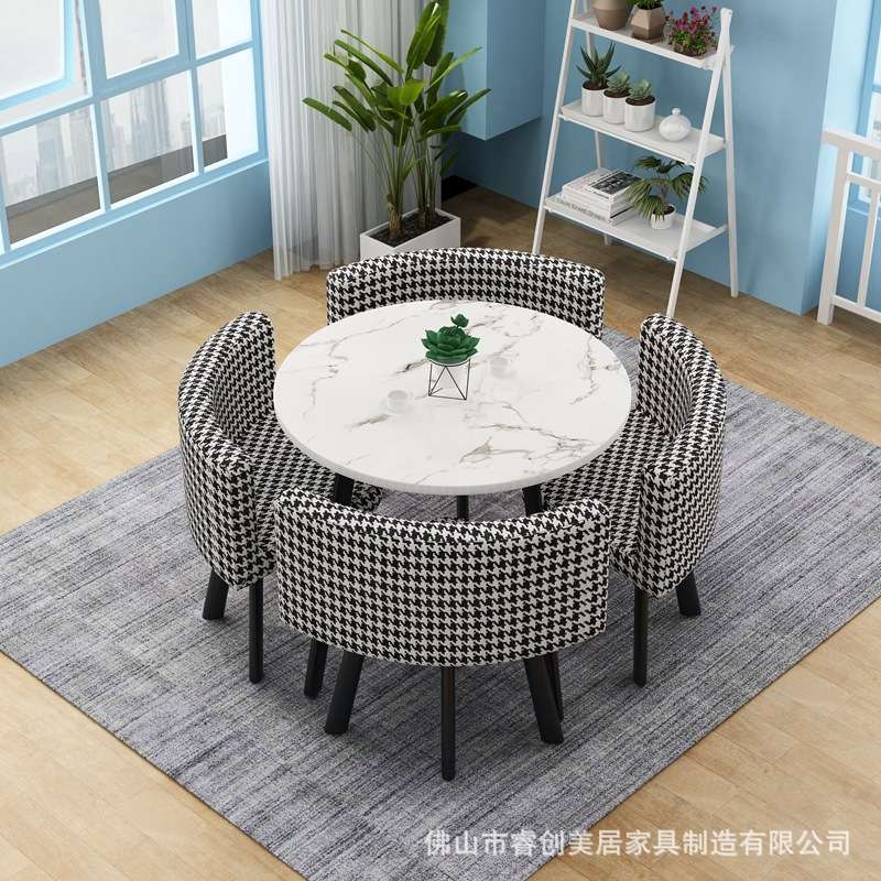 圆桌北欧奶茶店桌椅组合商务洽谈休闲待客布艺咖啡桌简约一桌四椅