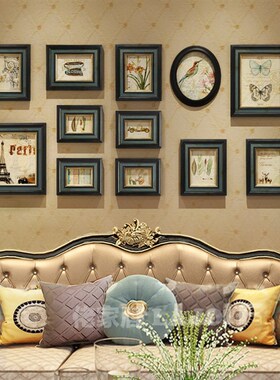 实木照片墙欧式相框墙组合客厅免打孔装饰画框P挂墙美式做旧背景