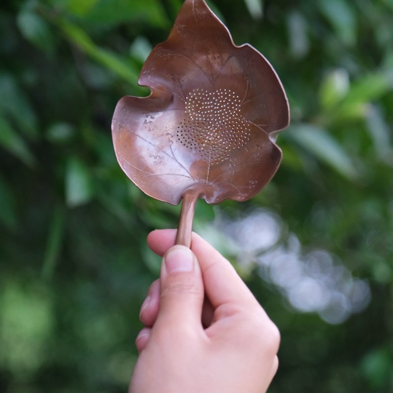 日式手工纯铜树叶形茶漏 紫铜y复古烤色茶滤茶托 红铜茶叶过滤器