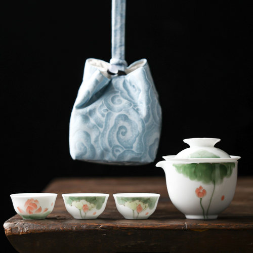 手绘墨画青荷旅行茶具便携式快客B杯一壶三杯户外露营茶具白瓷套