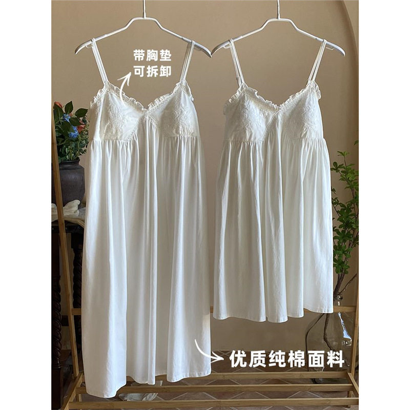 纯棉白色睡衣女带胸垫夏季宫廷公主风纯欲蕾丝小白裙吊带睡裙家居
