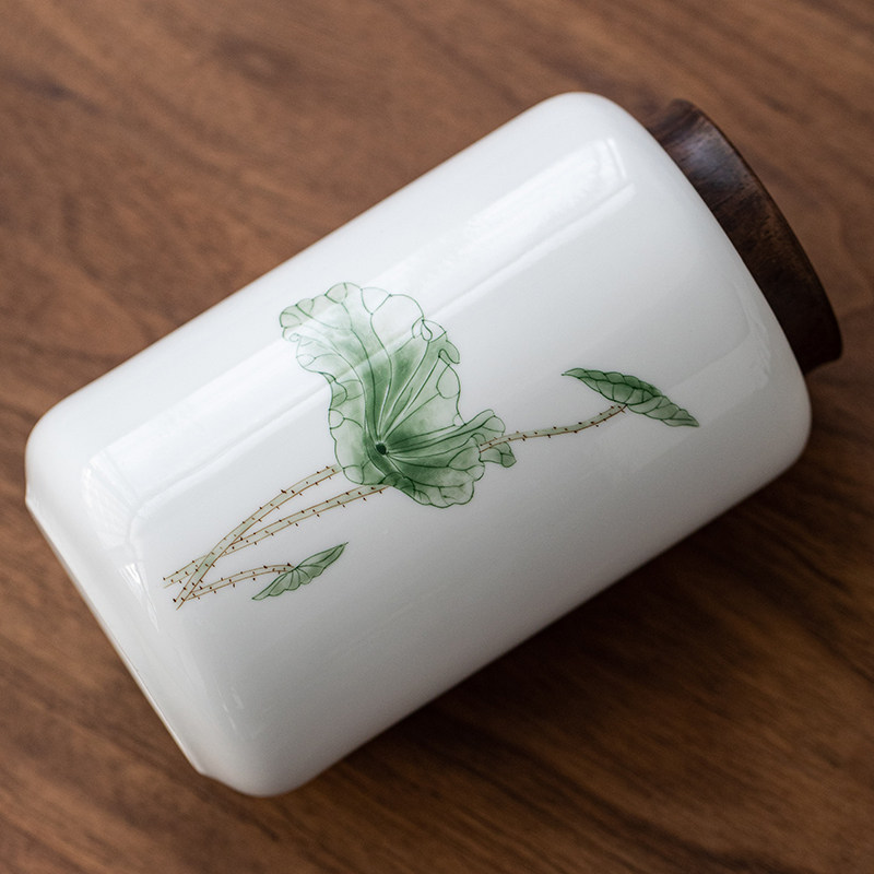 纯手绘白瓷茶叶罐家用花茶普洱密封罐黑檀L木存储防潮罐陶瓷大号