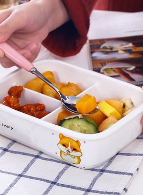 仓鼠陶瓷碗可爱饭盒分隔型微波炉小号G上班族分格便当盒三格沙拉
