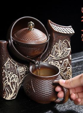 功夫茶具套装家用紫砂茶壶茶杯时来运转磨盘懒人全自X动石磨泡茶