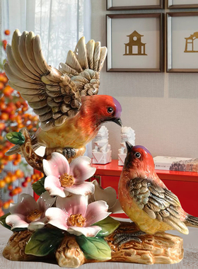 中式爱情鸟陶瓷小摆设精致手绘陶瓷鸟装饰摆件新居V多宝阁装饰礼