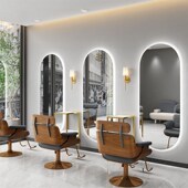 理发触控美发镜复古铝合金款 理发店黑色金色 美B发店镜台椅子套装