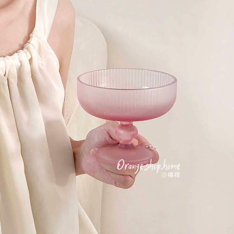 橘橙*复古小众竖纹立体高脚杯玻璃杯ins风M冰碗高颜值红酒杯甜品