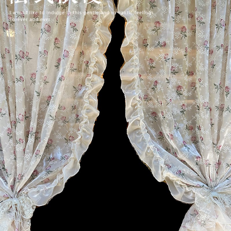 法式细闪鎏金纱荷叶边窗帘公主风复古卧室梦幻纱帘X韩式隔断半帘