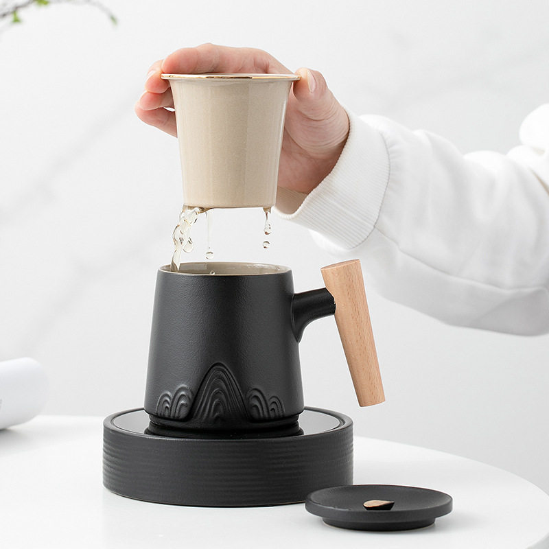 自动恒温杯垫加热木柄陶瓷茶水分离杯子办公室泡茶杯个人专用水杯