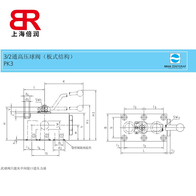 供应美尔基安3/2通高压球阀（板式结构）