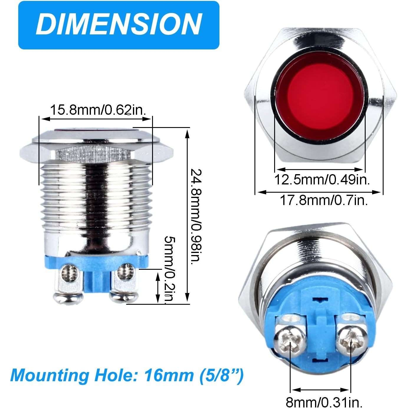 DMWD 5 件 16mm 12V-24V 15mA 节能 LED 指示灯防水 IP67 金属信