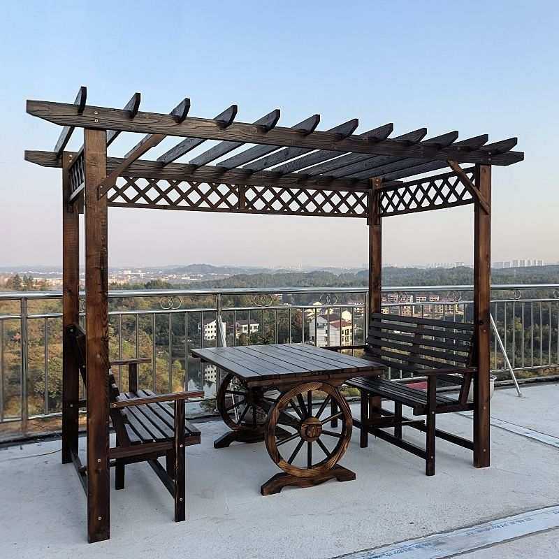 户外防腐木葡萄架秋千爬藤架庭院实木桌椅花园碳化木室外露台凉亭