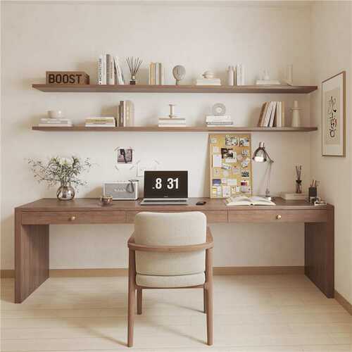 严选实木电脑桌书桌书架一体桌办公桌带抽屉卧室长条写字工作台