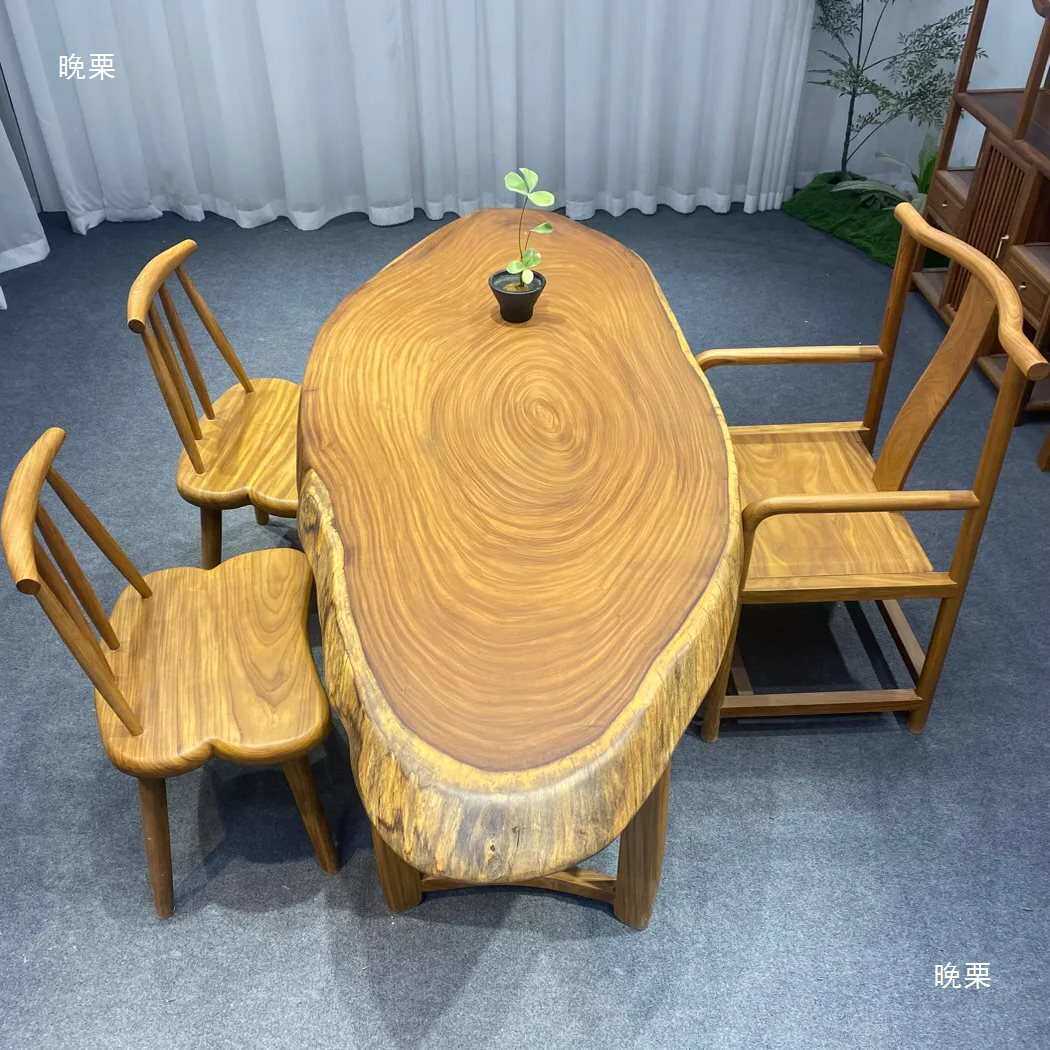 非洲柚木王实木大板桌随形自然边斜盘圆盘年轮桌茶桌餐桌书桌原木