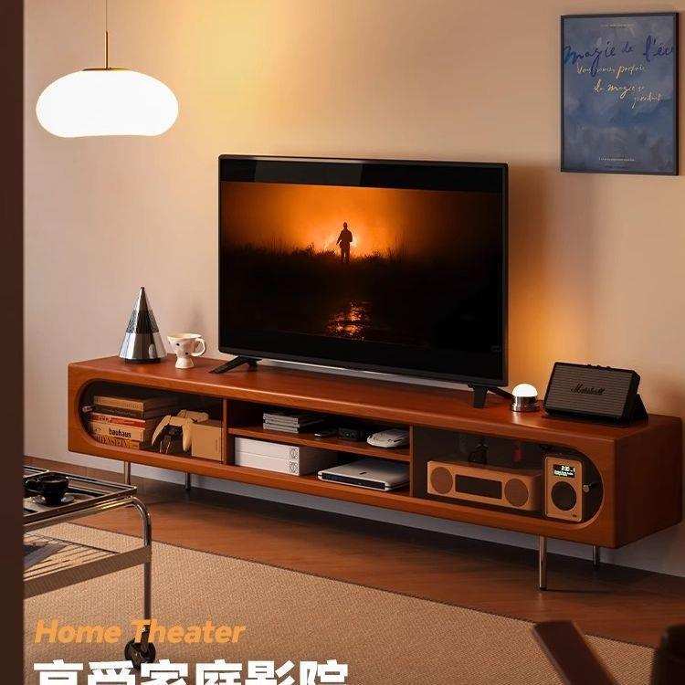 家用音乐盒电视柜实木中古风小户型玻璃移门储物柜复古落地电视柜