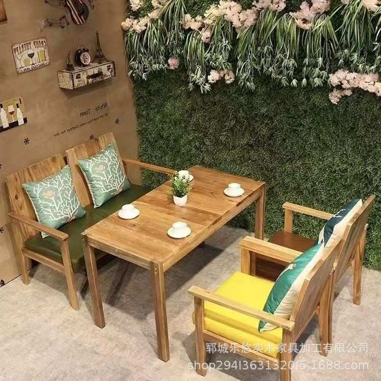 老榆木咖啡桌椅西餐厅奶茶店实木桌椅酒吧民宿简约复古桌椅四方桌