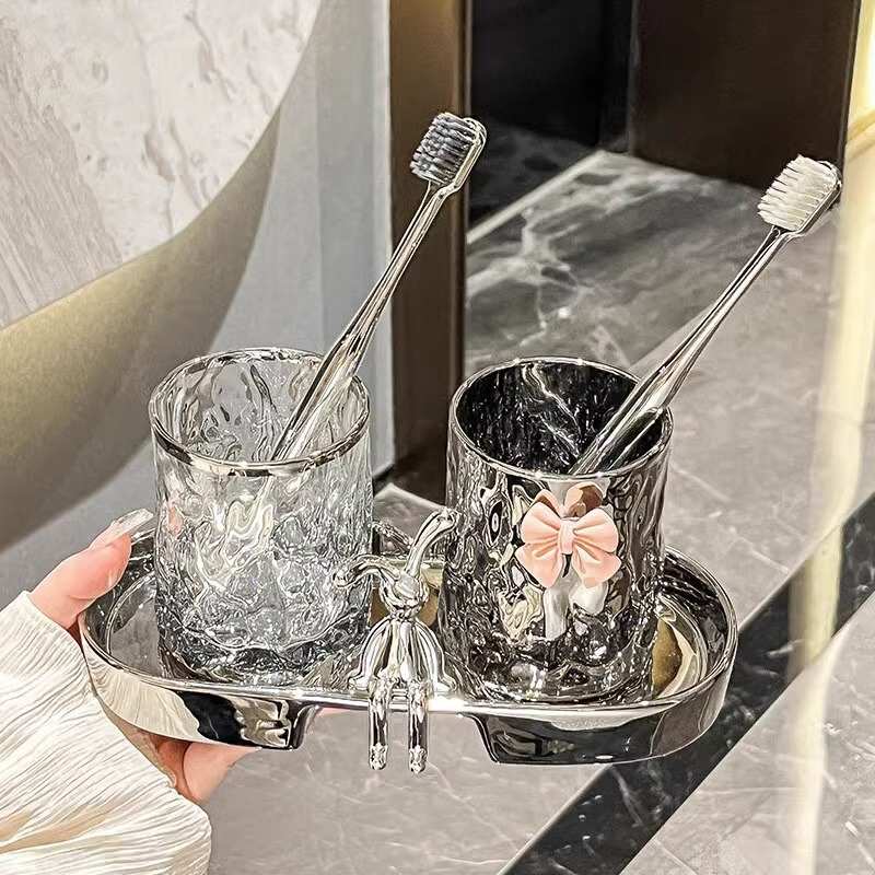 杯德国情侣水波纹洗漱杯套装轻刷牙杯玻璃漱口杯卫生间奢牙具