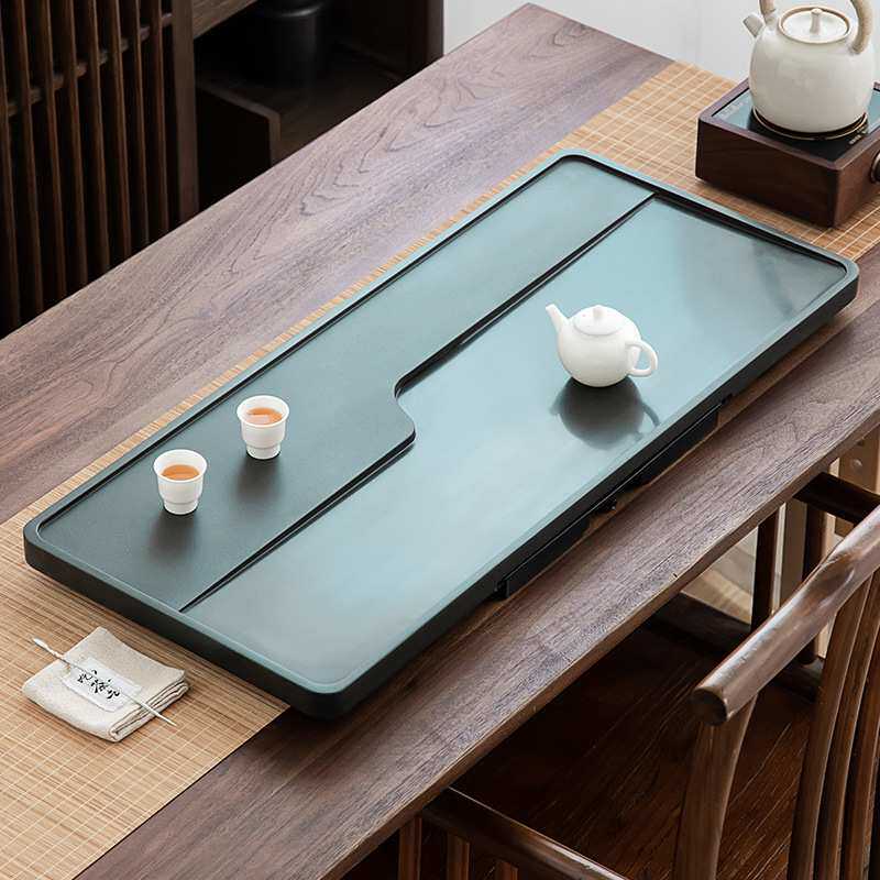 天罗绿石茶盘家用天然乌金石头茶台办公送礼石材排水茶海功夫托盘