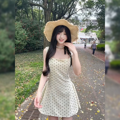 白色波点连衣裙女收腰吊带裙子a字短裙虞书欣姜暮同款夏季穿搭bm