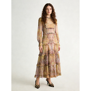 【欧宝莱尔】定位印花立领褶皱荷叶边桑蚕丝连衣裙306-S-26282