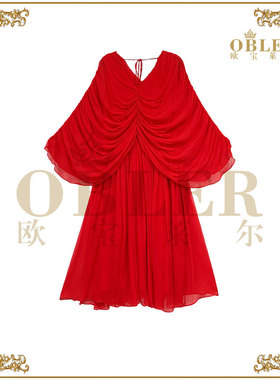【欧宝莱尔】2025早春新款红色抽褶V领长款连衣裙61-2522迎风
