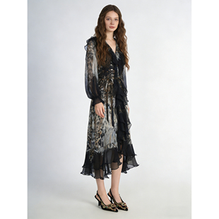 【欧宝莱尔】垂坠定型渐变印染收腰桑蚕丝连衣裙306-S-26221