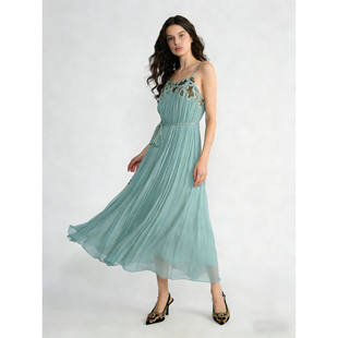 【欧宝莱尔】可调节腰钉珠V领吊带柞蚕丝连衣裙306-S-26132绿色